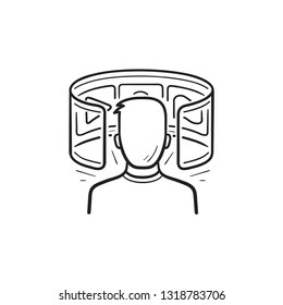 User watching virtual reality video hand drawn outline doodle icon. Innovation vr video, entertainment concept. Vector sketch illustration for print, web, mobile and infographics on white background.