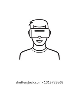 User wearing virtual reality glasses hand drawn outline doodle icon. Virtual reality headset, vr gadget concept. Vector sketch illustration for print, web, mobile and infographics on white background.