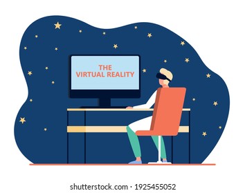 Benutzer mit VR-Brille, sitzend am Arbeitsplatz. Professionell im Headset beobachten virtuelle Präsentationen. Flache Vektorgrafik. Technologiekonzept für Banner, Website-Design oder Landing-Website