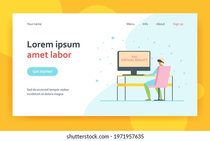 User wearing VR glasses, sitting at workplace. Professional in headset watching virtual presentation. Flat vector illustration. Technology concept for banner, website design or landing web page