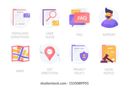 User Web Experience Icons Set. Website Application Menu Assets Bar. Terms And Conditions, Privacy Policy, Legal Notice. Guides, FAQ, Support, Maps, Get Directions Vector Isolated Design Interface Pack