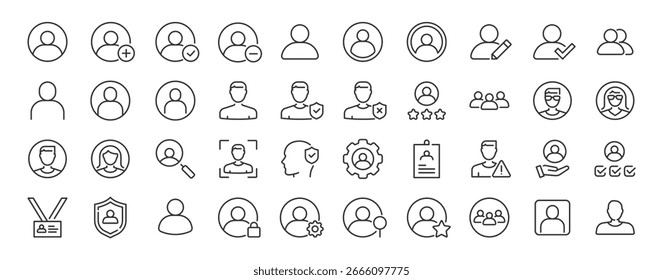 Ícones da Web do usuário no estilo de linha. Perfil, homem, logotipo, interface, avatares, coleção. Ilustração vetorial.	