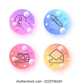 Los iconos de línea mínimos son el usuario, el correo Web y la pipeta Química. botones de esferas o bolas 3d. Inspeccionar iconos. Para web, aplicación, impresión. Gerente de proyectos, World Communication, Laboratory. Vector