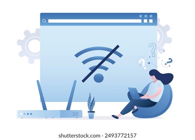 User without internet connection, wifi unavailable, wi-fi has no internet. Business woman uses laptop and confused because there is no wifi signal. Problems with router or network. vector illustration