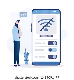 User without internet connection, wifi unavailable, wi-fi has no internet. Unhappy businessman using smartphone offline and confused because there is no wifi signal. Problems with router or network
