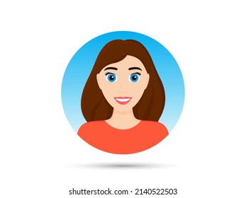 User woman avatar. People profile icon. Female person face with smile. Woman character portrait. User customer profile avatar. Young girl with blue big eyes. Happy european appearance person. Vector