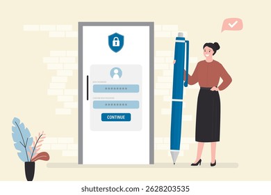 User woman hold giant pencil and write various data. Closed door with account information and new password. Secure login. Female character register new account. flat vector illustration