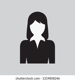 User Woman Icon. Lady's Profile. Female Web Sign, Flat art Object. Black and White Silhouette of Girl in Business Suit. Avatar Picture App. Vector illustration