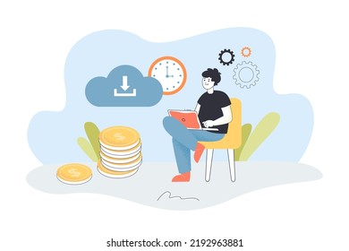 User working with cloud data storage online. Tiny person sitting with laptop and money coins flat vector illustration. Technology, freelance concept for banner, website design or landing web page