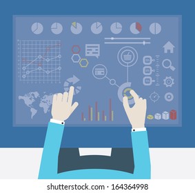 User working with digital virtual screen - vector illustration