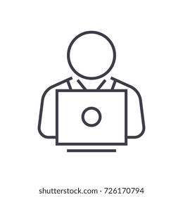 user working on laptop vector line icon, sign, illustration on background, editable strokes