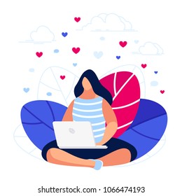 User. Young woman using laptop and collect likes in the social network. Modern composition in a flat style. Vector illustration.