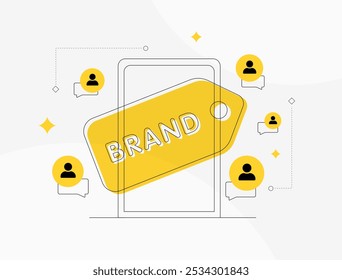 Conteúdo gerado pelo usuário para o compromisso com a marca. Aumente a fidelidade à marca com campanhas de conteúdo geradas pelo usuário. Usuários criando conteúdo com hashtags de marca, imagens, vídeos ilustração vetorial
