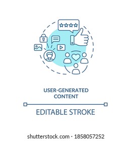 Icono de concepto de contenido generado por el usuario. Influencer marketing agency service idea de delgada línea ilustración. Difusión de productos en línea. UGC. Dibujo de color RGB con contorno aislado del vector. Trazo editable