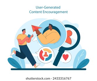 User-Generated Content Encouragement illustration. Highlights the impact of community interaction and peer-to-peer sharing in digital marketing strategies. Vector illustration.