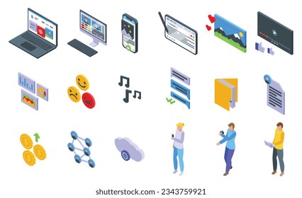Los iconos de contenido generados por el usuario establecen un vector isométrico. Autor social. Idea digital