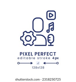 User-generated content linear desktop icon. UGC marketing strategy. Live streaming. Pixel perfect 128x128, outline 4px. GUI, UX design. Isolated user interface element for website. Editable stroke