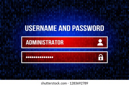 Username field - username and password in the Internet browser, the background of the stream of binary matrix code on the monitor screen. concept of access and security. vector illustration