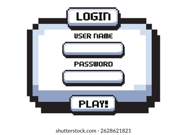 Username and password menu template.user interface  for  pixel video games.panels and buttons for menu