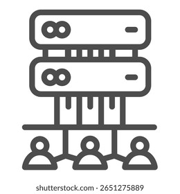 Usuários com acesso ao ícone de linha de armazenamento de dados do servidor, conceito de acumulação de dados. Gráficos vetoriais. Armazenamento de hospedagem usuários grupo assinar em fundo branco, ícone de estilo de estrutura de tópicos para design móvel ou web