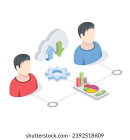 Users account, Internet and cloud technologies, gear settings, analytics graphs and charts. Vector 3d isometric, color web icons, new flat style. Creative design idea for infographics.