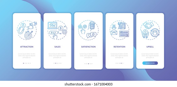 Users attraction and conversion onboarding mobile app page screen with concepts. Customers retention methods walkthrough 5 steps graphic instructions. UI vector template with RGB color illustrations