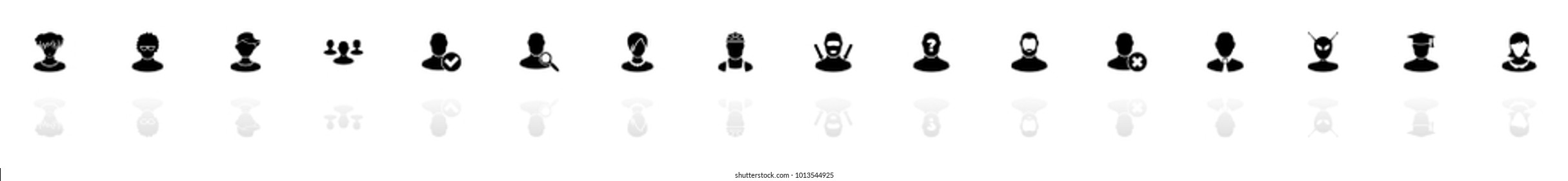 Users Avatar icons - Black horizontal Illustration symbol on White Background with a mirror Shadow reflection. Flat Vector Icon.