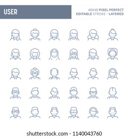 Users, avatar and profile picture - simple outline icon set. Editable strokes and Layered (each icon is on its own layer with proper name) to enhance your design workflow.