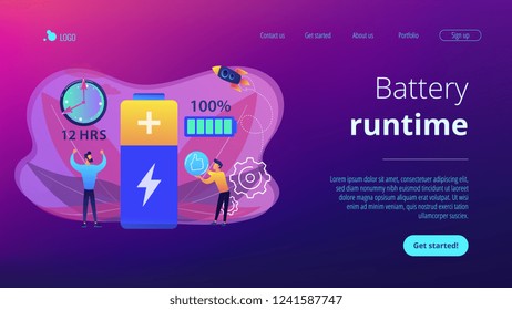 Users and battery performance and longevity with charge indicator and time. Battery runtime, extend runtime technology, long battery life concept. Website vibrant violet landing web page template.