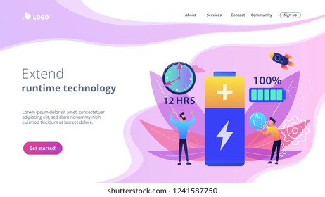 Los usuarios y el rendimiento y la longevidad de la batería con indicador de carga y tiempo. Tiempo de ejecución de la batería, tecnología de tiempo de ejecución extendida, concepto de duración de la batería larga. Plantilla de página web de aterrizaje violeta vibrante del sitio web.