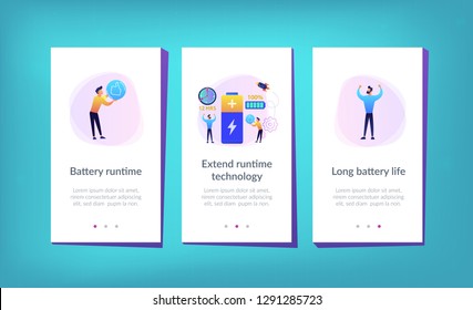 Users and battery performance and longevity with charge indicator and time. Battery runtime, extend runtime technology, long battery life concept. Mobile UI UX GUI template, app interface wireframe