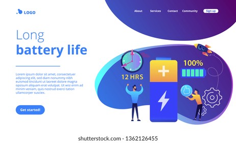 Users and battery performance and longevity with charge indicator and time. Battery runtime, extend runtime technology, long battery life concept. Website vibrant violet landing web page template.