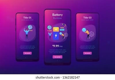 Users and battery performance and longevity with charge indicator and time. Battery runtime, extend runtime technology, long battery life concept. Mobile UI UX GUI template, app interface wireframe