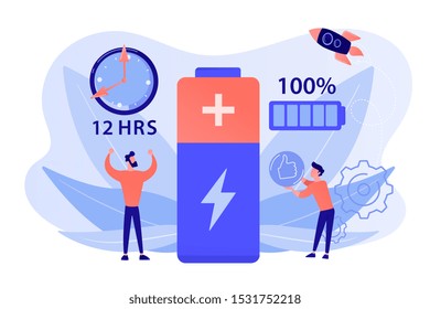 Users and battery performance and longevity with charge indicator and time. Battery runtime, extend runtime technology, long battery life concept. Pinkish coral bluevector isolated illustration