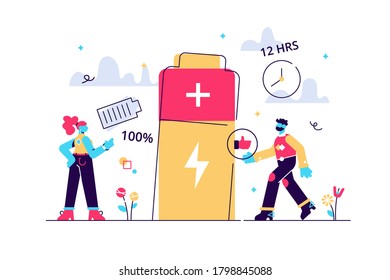 Users and battery performance and longevity with charge indicator and time. Battery runtime, extend runtime technology, long battery life concept. Pinkish coral bluevector isolated illustration