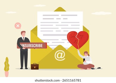 Users with broken heart and unsubscribe button. Unsubscribe email exit from mailing list, cancel subscription button, remove or leaving marketing email, delete or rejection. flat vector illustration