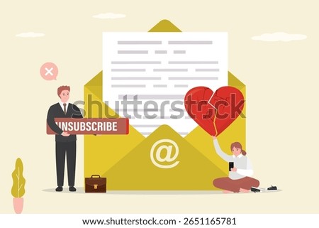 Users with broken heart and unsubscribe button. Unsubscribe email exit from mailing list, cancel subscription button, remove or leaving marketing email, delete or rejection. flat vector illustration