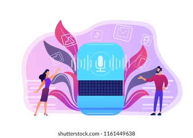 Users buying smart speaker applications online. Smart assistant applications online store, voice activated digital assistants apps market concept, violet palette. Vector isolated illustration.