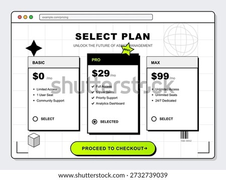 Users can choose between three plans for a software service. Each plan has different features and pricing. The page shows clear options for selection and a checkout button.