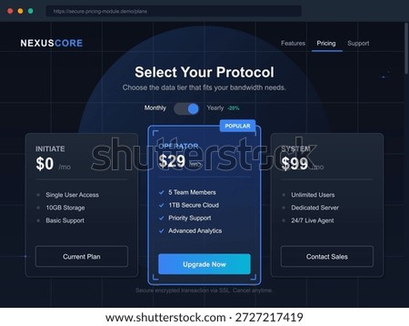 Users can choose their data tier based on bandwidth needs with different plans shown clearly. The interface displays monthly rates and features for each option.
