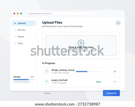Users can drag and drop files into a secure cloud storage area. The progress of the upload is shown with a bar and document names are displayed.