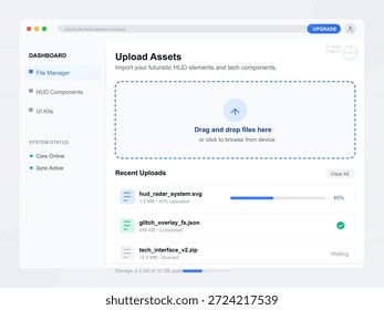 Los usuarios pueden Cargar archivos fácilmente a través de un panel de interfaz en la nube diseñado para administrar recursos tecnológicos y Elementos HUD futuristas. La sencilla función de arrastrar y soltar está disponible.