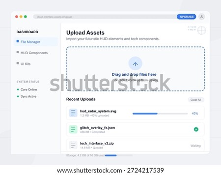 Users can easily upload files through a cloud interface dashboard designed for managing tech assets and futuristic HUD elements. Simple drag-and-drop functionality is available.