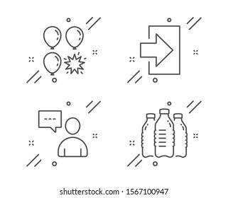 Users chat, Balloon dart and Login line icons set. Water bottles sign. Communication concept, Attraction park, Sign in. Aqua drinks. Business set. Line users chat outline icon. Vector