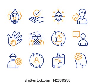 Users chat, Clown and Gift icons simple set. User info, Journey path and Share signs. Approved, Face biometrics and Engineer symbols. Social responsibility, Refresh like and Engineering. Vector