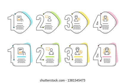 Users chat, Parcel invoice and Search people icons simple set. Group sign. Communication concept, Delivery document, Find profile. Headhunting service. People set. Infographic timeline. Vector