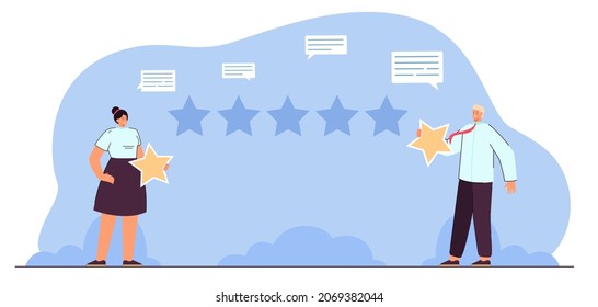 Users or clients rating online service and giving opinion. Man and woman holding stars for review flat vector illustration. Customer feedback or satisfaction concept for banner or landing web page