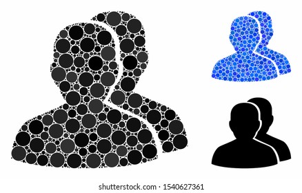 Users composition of small circles in variable sizes and color tones, based on users icon. Vector small circles are organized into blue illustration. Dotted users icon in usual and blue versions.
