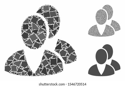 Users composition of trembly elements in variable sizes and color tinges, based on users icon. Vector humpy dots are united into composition. Users icons collage with dotted pattern.