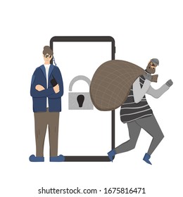 Users data protection concept. Female security guard standing with arms crossed and defending confidential information. Woman catch a thief who trying to steal straight dope. Vector illustration. 